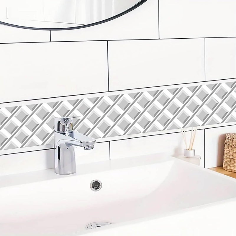 IVN Wallpaper Border Gray White 3D Slanted Diamond Pattern Design 4x196 Inch Peel and Stick Wallpaper Border for Mirror Frame Bathroom Laundry Room Pool Area Living Room Wall Decor - Image 5